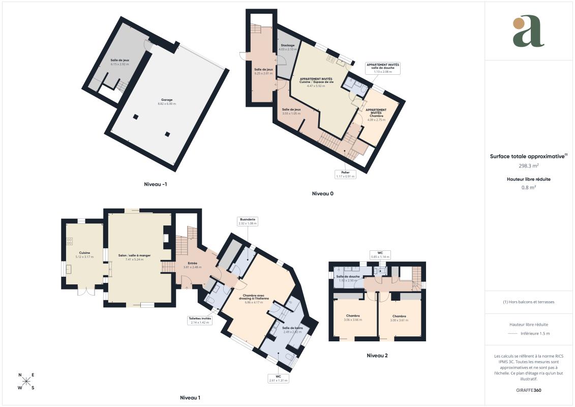 Architectural floor plan of a multi-level house showing Niveau -1, Niveau 0, Niveau 1 and Niveau 2 layouts with room labels and dimensions on a white sheet.