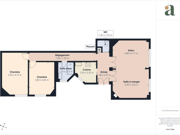 Floor plan of a home showing two bedrooms, kitchen, bathroom, hallway, and a large living/dining area with an entry point.