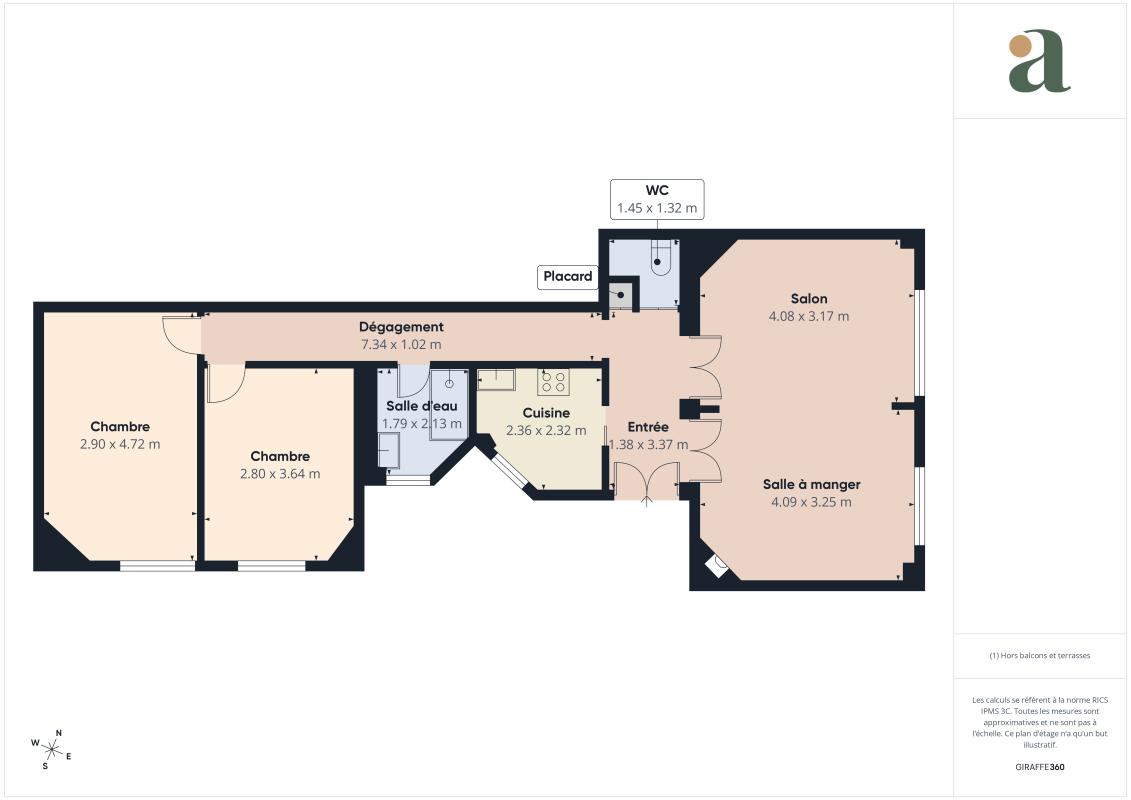 Floor plan of a home showing two bedrooms, kitchen, bathroom, hallway, and a large living/dining area with an entry point.