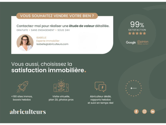 French real estate ad offering a detailed valuation, featuring Isabelle's photo and a 99% satisfaction badge.