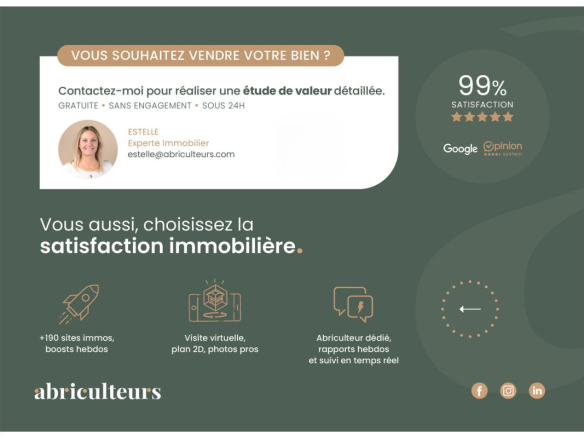 French ad banner offering a valuation service; features Estelle's contact card and a 99% satisfaction badge.