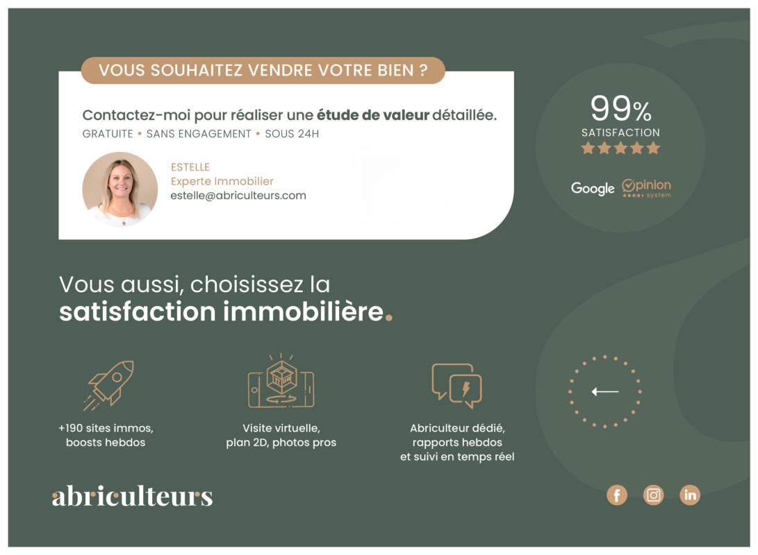 French ad banner offering a valuation service; features Estelle's contact card and a 99% satisfaction badge.
