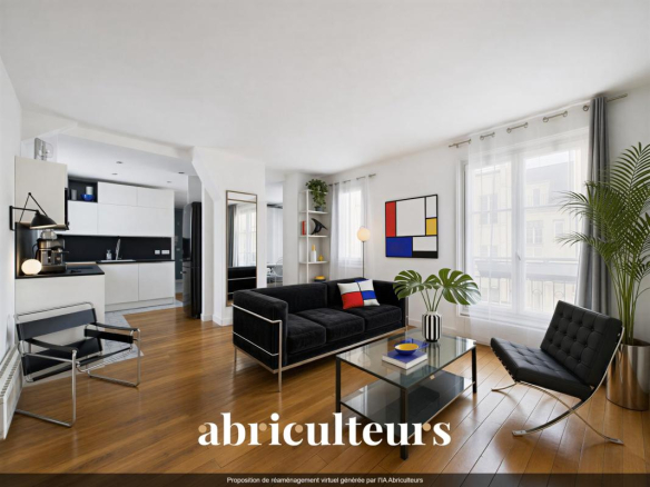 Bright living room of a modern apartment with parquet flooring and contemporary furniture in Paris 16th arrondissement.