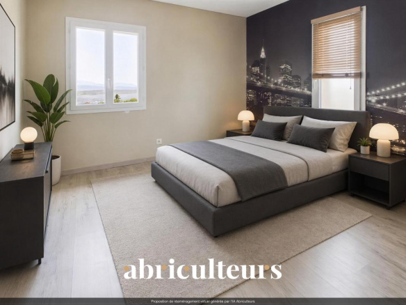Spacious room with double bed, modern decor and city view.
