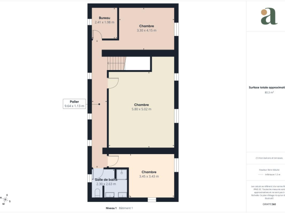 Plan of a villa with three bedrooms, an office and a bathroom, on a plot of 1,500 m².