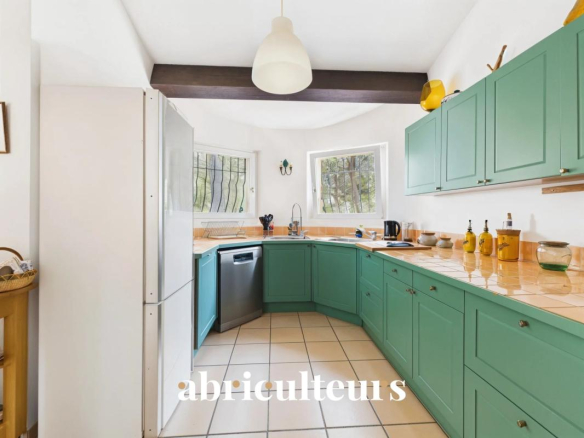 Modern kitchen with green furniture and beige tiles in an architect-designed house.