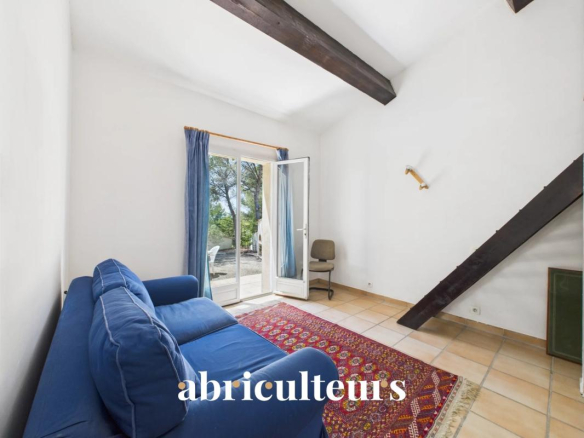 Interior of an architect-designed house with a blue sofa and windows overlooking the outside.