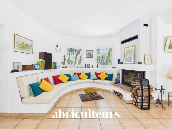 Interior of an architect-designed house with a bright living room and a fireplace area.