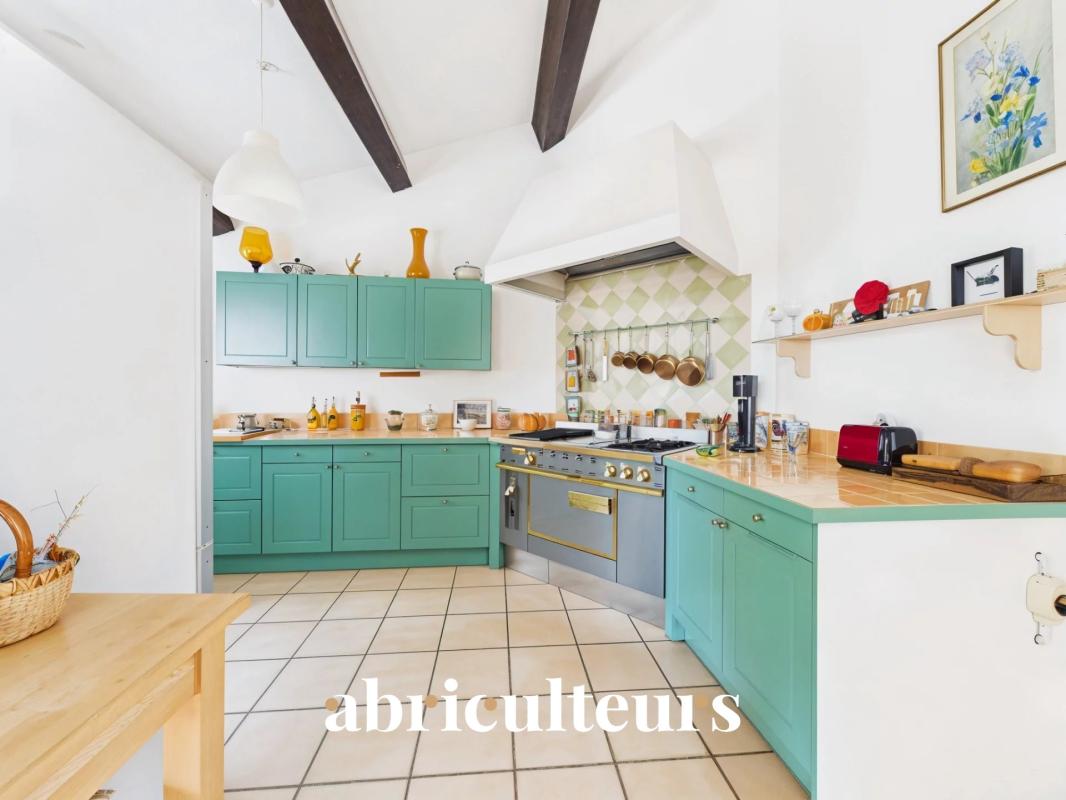 Spacious kitchen with green furniture and modern equipment in a house in Ventabren.