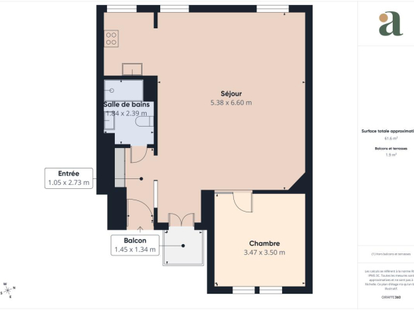 Floor plan of a 61 m² two-room apartment with balcony in Paris 11.