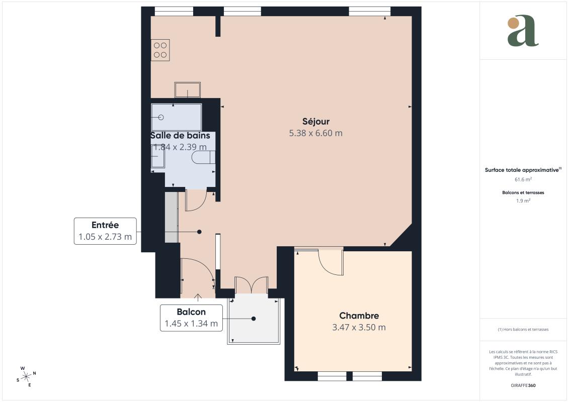 Floor plan of a 61 m² two-room apartment with balcony in Paris 11.