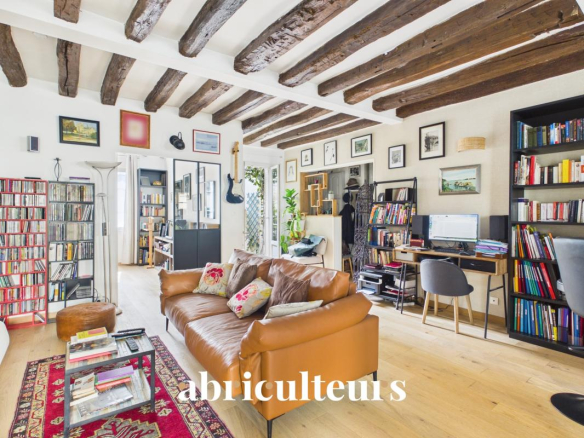 Living room of a two-room apartment in Paris 11 with exposed beams and a bookcase.