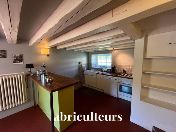Interior of a renovated kitchen with exposed beams and a wooden worktop.