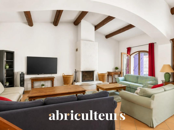 Intérieur d'un salon spacieux avec cheminée et canapés confortables aux Pennes-Mirabeau.