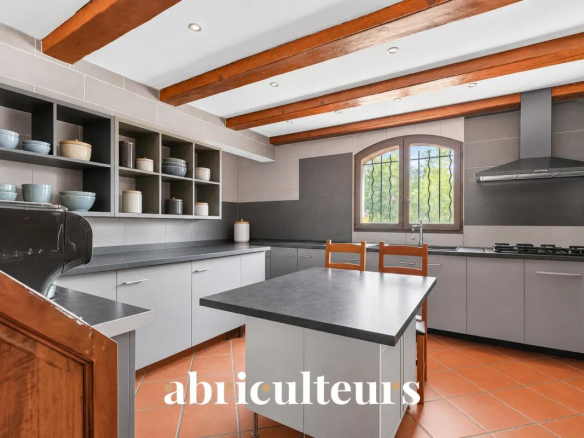 Cuisine moderne avec des meubles gris et un îlot central dans une villa aux Pennes-Mirabeau.