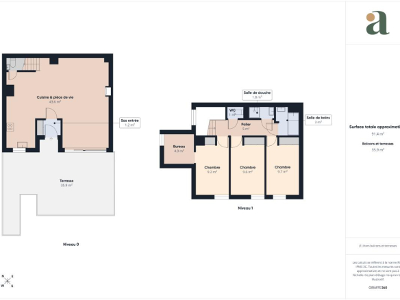 Floor plan of a 90m2 duplex with terrace in Paris 20th arrondissement, showing the levels and layout of the rooms.