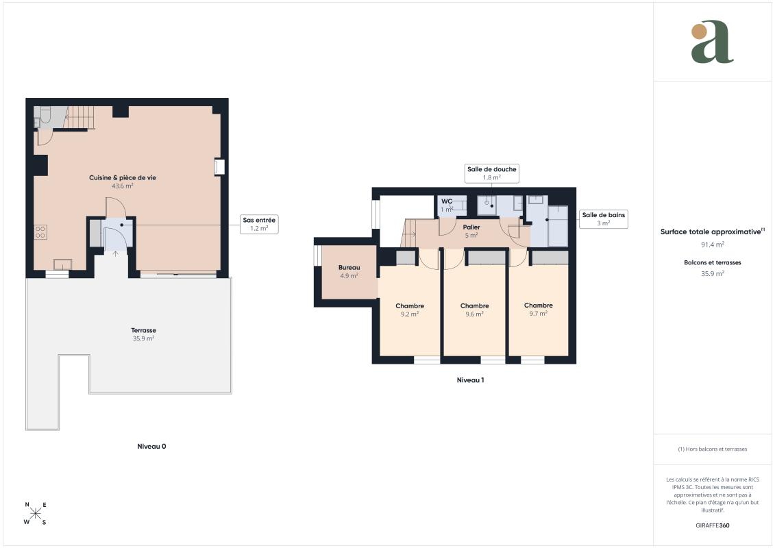 Floor plan of a 90m2 duplex with terrace in Paris 20th arrondissement, showing the levels and layout of the rooms.