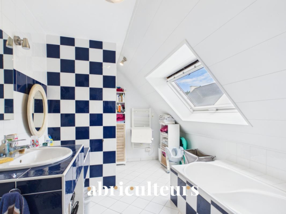 Salle de bains moderne avec carrelage à damier bleu et blanc, baignoire et lavabo.
