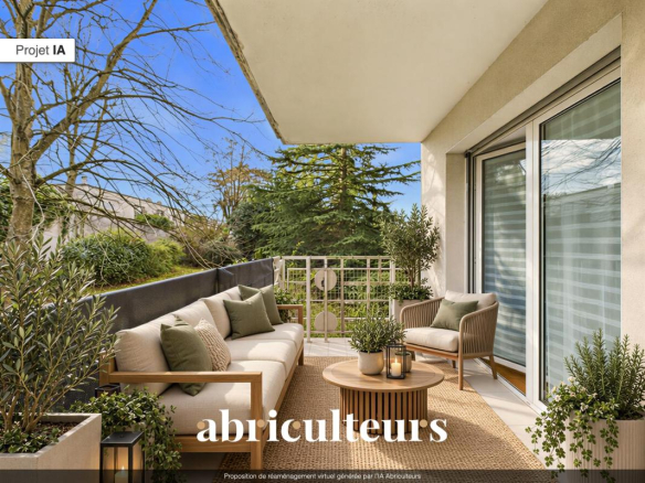 Balcon d'un duplex à La Celle-Saint-Cloud avec mobilier extérieur et vue sur la verdure.