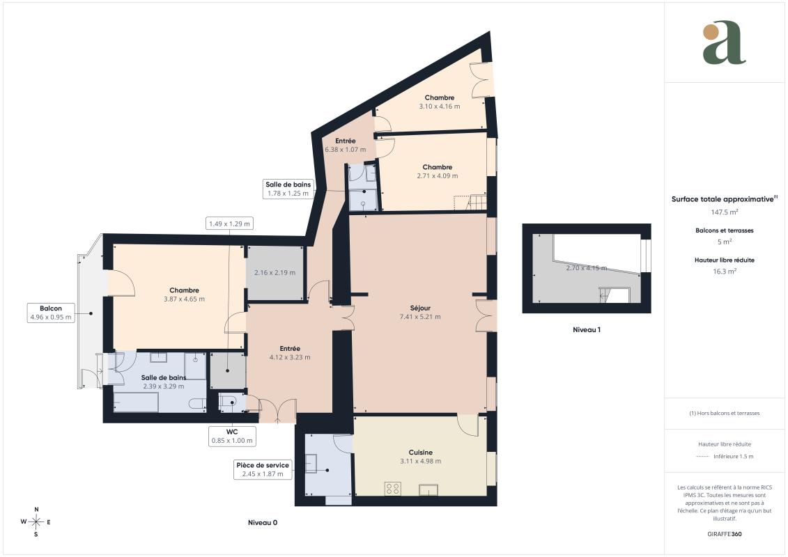 Plan de l’appartement à Nice Plan d'un appartement traversant rénové à Nice, 136,81 m², avec deux chambres et un balcon.