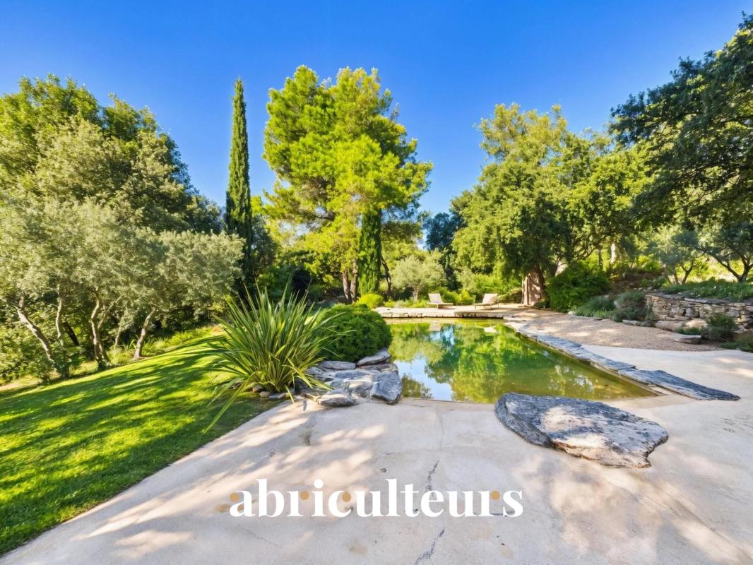 Villa avec piscine naturelle à Cheval-Blanc Vue de la piscine naturelle entourée d'arbres et de verdure dans une villa à Cheval-Blanc.